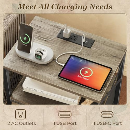 Huuger Nightstands Set of 2, Night Stand with Charger Station, 2 Drawer Side Table with Open Shelf, USB-C Port, End Table for Small Spaces, X Shaped Side Rail, Oak - color: Oak