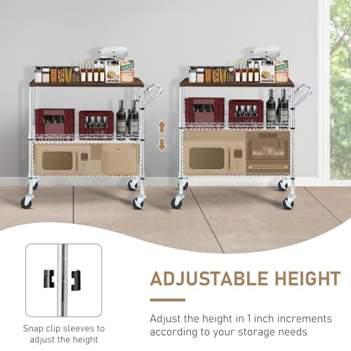 Rolling Kitchen Carts on Wheels With Storage,650Lbs Heavy Duty Metal Cart with Wheels,3 Tier Rolling Cart with Wooden Top,NSF Utility Cart with Handle for Food Cart Serving Carts,30.3"L*31.9"H*18.1"W - size: 35.4"L*18.1"W*31.9"H with Adjustable Shelves