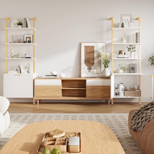 INNOD 74" Tall Bookshelf with Storage Cabinet, Modern Ladder Shelf with Wood and Metal Frame, Wall Mount Bookcase Open Display Shelf Furniture for Living Room, Bedroom, Home Office, Gold - color: White & Gold