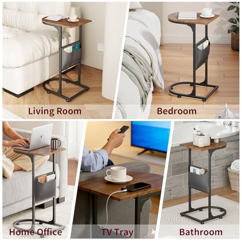C Shaped End Table, Slide Under Small Side Table for Couch & Small Spaces | Wobble-Free C Table, Rustic Brown, Storage Bag, Sturdy Metal Frame, Wood Top, For Living Room Bedroom, 15-Min Quick Assembly - color: Classic Rustic Brown