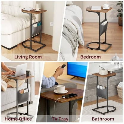 C Shaped End Table, Slide Under Small Side Table for Couch & Small Spaces | Wobble-Free C Table, Rustic Brown, Storage Bag, Sturdy Metal Frame, Wood Top, For Living Room Bedroom, 15-Min Quick Assembly - color: Classic Rustic Brown