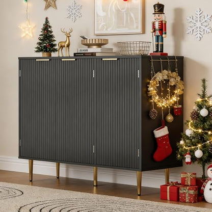 Housoul Fluted Sideboard Buffet Cabinet with 3 Doors, Black | Kitchen Storage Cabinet with Adjustable Shelves & Golden Handles, Modern Accent Cabinet, Coffee Bar for Kitchen, Living Room - color: Black