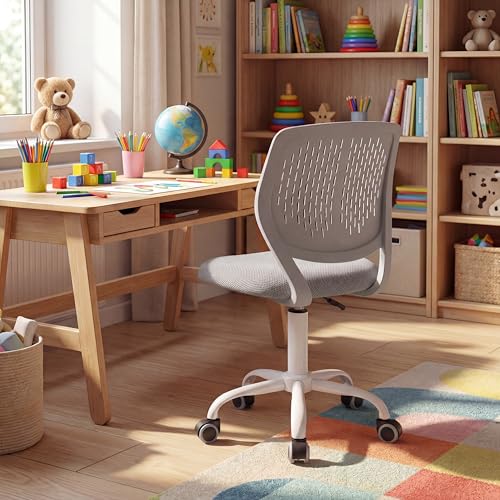 Costzon Kids Desk Chair, Armless Height Adjustable Kids Computer Chair w/Elastic Sponge Filling, Ergonomic Backrest & Stable 5-Point Wheels, Children Rolling Swivel Chair for Studyroom (Gray) - color: Grey