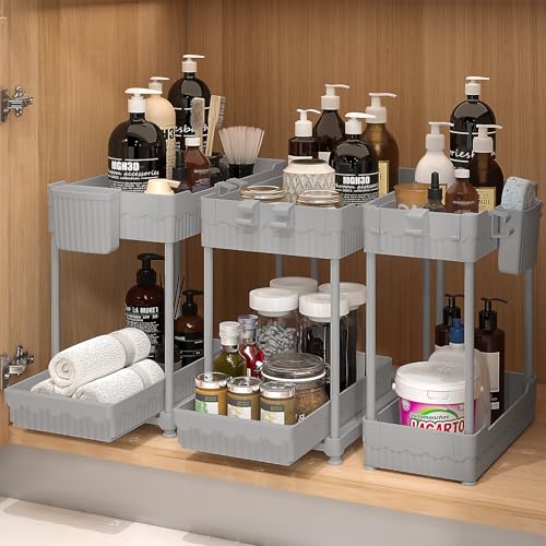 Sevenblue 3-Pack 2-Tier Under Sink Organizers with Sliding Drawers | Multi-use kitchen & bathroom storage, 12.8 inch gray cabinet organizer, space-saving sliding drawer design. - color: Gray, size: 12.8 Inch