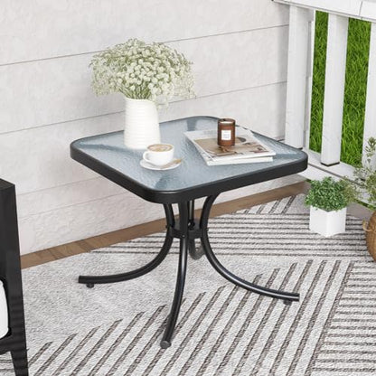 Giantex Small Outdoor Side Table with Tempered Glass Top, Heavy-Duty Metal Frame, 110 Lbs Capacity, Square Patio Table for Balcony, Porch, Backyard, Deck, Black