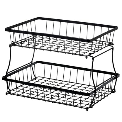 HOSY 2-Tier Metal Fruit Basket, 14-in Rectangle Black Standing Storage Rack | All-Metal, Removable Design, Tool-Free Assembly, Versatile Kitchen Countertop Organizer, Vegetables, Breads, Seasonings - size: 14-inch