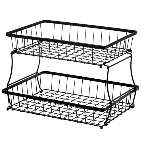 HOSY 2-Tier Metal Fruit Basket, 14-in Rectangle Black Standing Storage Rack | All-Metal, Removable Design, Tool-Free Assembly, Versatile Kitchen Countertop Organizer, Vegetables, Breads, Seasonings - size: 14-inch