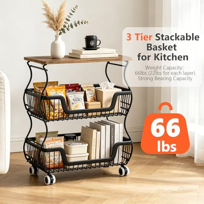 3-Tier Rolling Kitchen Storage Cart Fruit Basket Stand for Vegetables & Snacks Stackable Wire Pantry Floor Organizer with Wheels for Kitchen, Living Room, Bedroom, Office (Black) - size: 3-Tier