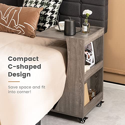 Tangkula C-Shaped End Table, Small Sofa/Couch Side Table Snack Table with 3-Tier Back Compartment, Wheels with Brakes, Modern Rolling Nightstand for Living Room, Bedroom, Small Space (1, Grey)