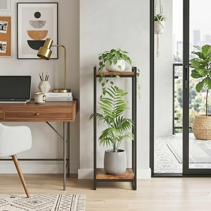 34" Tall Indoor Plant Stand, 2-Tier Flower Pot Rack, Rustic Brown | Modern Minimalist Look, Wood Finish, for Living Room, Bedroom, Balcony, Space-Saving, Sturdy Metal Frame