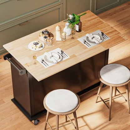 Kitchen Island with Drop Leaf, Rolling Mobile Kitchen Island on Wheels with Drawer and Storage Cabinet, Spice Rack, Towel Bar, Black - size: 51.2" W, style: Black