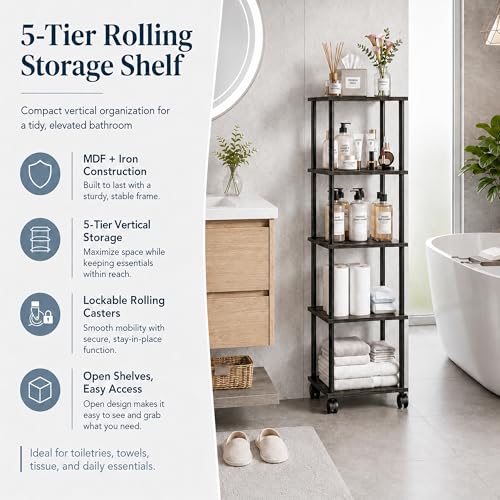 5-Tier 50.4" Tall Black Bathroom Shelving Unit with Wheels | Wood Finish, Metal Frame, Rolling Narrow Open Shelf Design, for Laundry Room, Kitchen, Living Spaces, Easy to Move - color: Black, size: 5-Tier