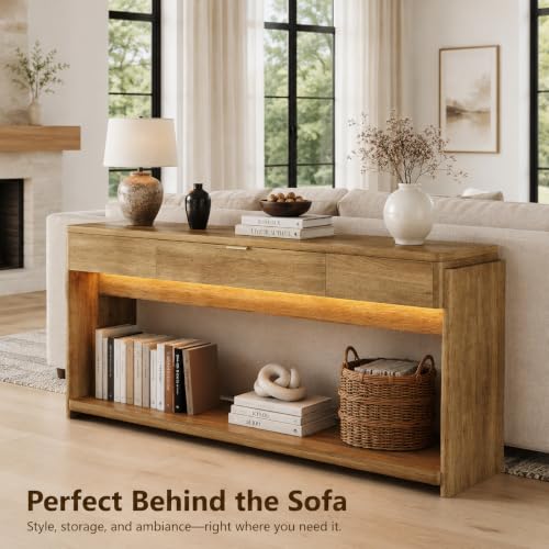 Feonase 71" Long Console Table with Drawer and LED, Wooden Farmhouse Sofa Table Behind Couch, Modern Entryway Table for Living Room, Hallway, Entrance, Foyer, Oak Brown