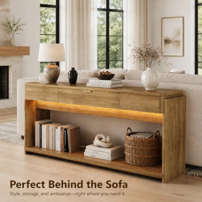 Feonase 71" Long Console Table with Drawer and LED, Wooden Farmhouse Sofa Table Behind Couch, Modern Entryway Table for Living Room, Hallway, Entrance, Foyer, Oak Brown