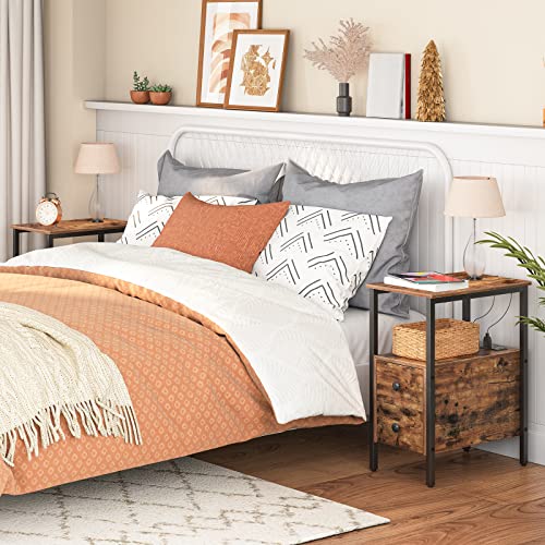 HOOBRO End Table with Charging Station, Narrow Side Table with 2 Drawer & USB Ports & Power Outlets, Nightstand for Small Spaces, for Living Room, Bedroom, Rustic Brown and Black BF541BZ01 - color: Rustic Brown + Black
