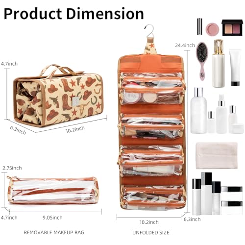 Roll Up Makeup Bag, Travel Toiletry Bag for Women with 4 Clear TSA Approved Pouches, Hanging Travel Organizer, Folding Cosmetic Bag for Men and Women - color: cowboy