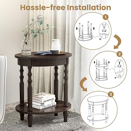 GOFLAME 2-Tier Oval End Table Set of 2, Sofa Side Table with Storage Shelf, Solid Wood Legs, Modern Accent Table, Compact Nightstand for Living Room, Bedroom, Small Space, Espresso - color: Espresso