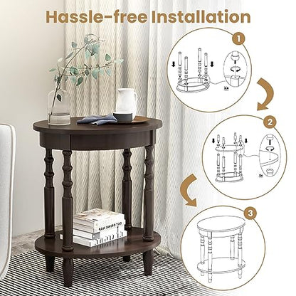 GOFLAME 2-Tier Oval End Table Set of 2, Sofa Side Table with Storage Shelf, Solid Wood Legs, Modern Accent Table, Compact Nightstand for Living Room, Bedroom, Small Space, Espresso - color: Espresso