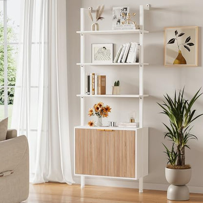 INNOD 74" Tall Bookshelf with Storage Cabinet, Modern Ladder Shelf with Wood and Metal Frame, Wall Mount Bookcase Open Display Shelf Furniture for Living Room, Bedroom, Home Office, White and Oak - color: White & Oak
