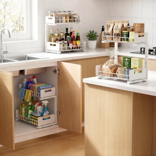 Delamu Under Sink Organizer 2 Pack, Pull Out Cabinet Organizer for Kitchen Sink, 2 Tier Metal Slide Out Shelf Caddy for Bathroom Storage, 5 Adjustable Heights for Pantry & Laundry Room, White
