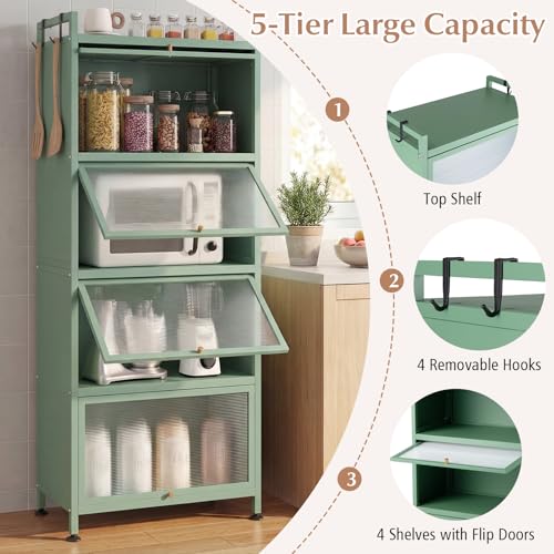 LDAILY 5-Tier Kitchen Storage Cabinet, Mobile Microwave Stand with Metal Frame, Double Anti-toppling Device, 4 Rolling Casters, Freestanding Bakers Rack for Kitchen, Dining Room, Living Room (Green) - color: Green