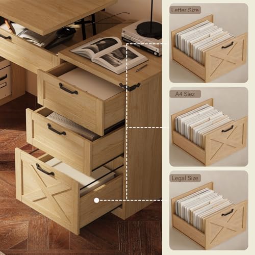 Farmhouse Lift Top Desk: Rustic Wood Standing Desk with 3 Drawers & Open Storage Shelves, Adjustable Height, White & Brown Home Office Computer Desk for Work, Study, Writing (Natural Oak) - color: Natural Oak