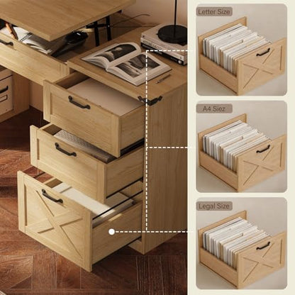 Farmhouse Lift Top Desk: Rustic Wood Standing Desk with 3 Drawers & Open Storage Shelves, Adjustable Height, White & Brown Home Office Computer Desk for Work, Study, Writing (Natural Oak) - color: Natural Oak