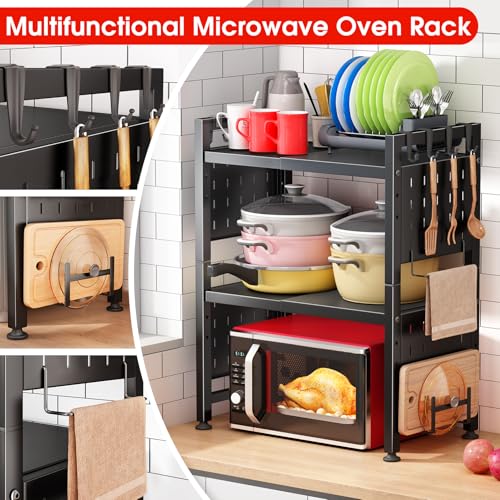 Microwave Stand, 3-Tier Expandable(17.4"- 27.4") Heavy Duty Adjustable Shelf Microwave Oven Rack, Kitchen Countertop Organizer and Storage with 9 Hooks & Cutting Board Holder, Holds up 180 lbs, Black - style: 3 Tier-Black