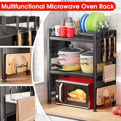 Microwave Stand, 3-Tier Expandable(17.4"- 27.4") Heavy Duty Adjustable Shelf Microwave Oven Rack, Kitchen Countertop Organizer and Storage with 9 Hooks & Cutting Board Holder, Holds up 180 lbs, Black - style: 3 Tier-Black