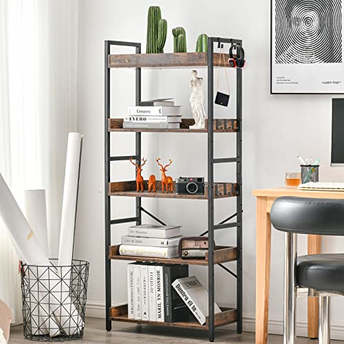HCHQHS Adjustable 5 Tier Open Bookcase, Rustic Farmhouse Book Shelves, Industrial Wood and Black Metal Bookshelves, Mid Century Bookcase for Home Office Living Room Bedroom - color: Rustic Brown, size: 5-Tier (24"W x 57"H)