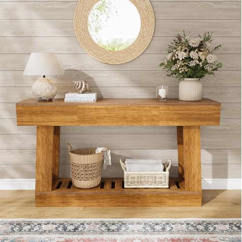 60" Farmhouse-Style Entryway Table with Drawers, Two-Tier Storage Design with Includes Drawers and Open Shelves, Sturdy Wooden Frame, Easy to Clean, Perfect for Entryways, Hallways, and Living Rooms