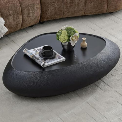 47" Modern Coffee Table Unique Rock Coffee Table Faux Stone Center Tables Round Edge Design Fiberglass Oval Accent Tables for Living Room Office Apartment No Assembly Required Black - color: Fiberglass Oval-black