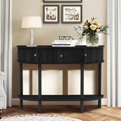 XUZENEST 43.3“ Fluted Half Moon Console Table, Modern Entryway Console Sofa Table with Storage, Narrow Wood Accent Tables Behind Couch Tables for Living Room, Hallway, Foyer(Black) - color: 43.3 Haflf Moon Black