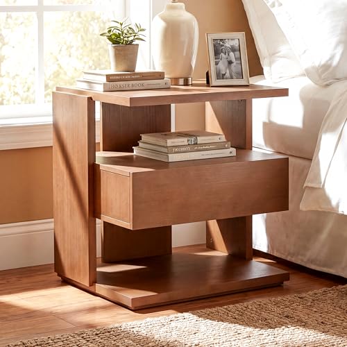 Christopher Knight Home 22" Mid-Century Modern Nightstand with Storage Drawer & 3-Tier Open Shelves, Wooden Bedside Table Small Side End Table Night Stand for Bedroom Living Room Small Space, Brown - color: Brown, size: 1pc