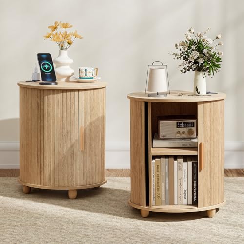 18 Inch Mid-Century Fluted Nightstand Set of 2, Farmhouse Round End Table with Charging Station & Sliding Door, Bohemia Wooden Bedside Table with Storage for Living Room, Bedroom (18 inch, Natural) - color: Natural, size: 18"-Round