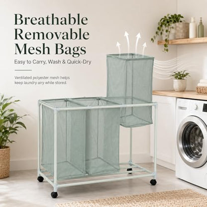 3-Bag Mesh Rolling Laundry Sorter Cart, Soft Silver, Removable Washable Bags, Easy-Roll Casters, Rust-Resistant PVC Tubing Frame w/ABS Corners, 29.5 x 19 x 30.5 in, for Dorm & Laundry Room