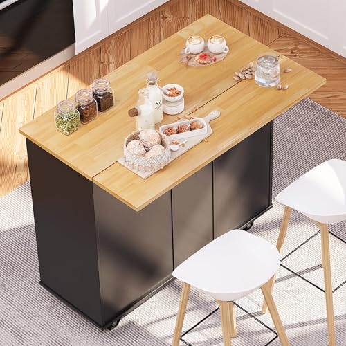 SUNLEI Kitchen Island on Wheels with Storage Cabinet & Foldable Drop Leaf, Rolling Kitchen Table, Cart Handle for Towel Rack, Drop Leaf, Portable Islands for Kitchen (Classic Black, 39.7-INCH)… - size: 39.7 INCH, style: Black