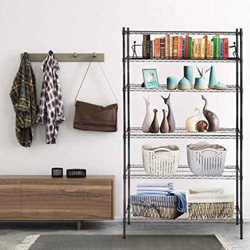 Meet perfect 6-Tier Wire Shelving Unit, 72" H x 42" W x 16" D Heavy Duty Metal Storage Shelves, 1500LBS Total Weight Capacity Adjustable Standing Shelf Rack with Leveling Feet - color: Black, size: 6-Tier, 72"H × 42"W × 16"D