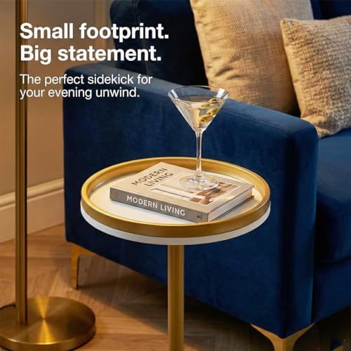 Martini Table, Small Round Drink Table with Weighted Base,Modern White & Gold Pedestal End Table with Tray Top Edge for Small Spaces, Living Room, Next to Sofa,24.7 "Tall - color: White + Gold