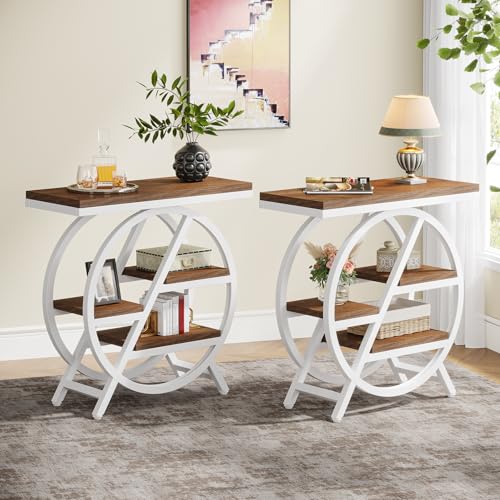 Tribesigns End Table Set of 2, 3-Tier Modern Narrow Side Table with Storage, Wood Sofa Side Table with Geometric Metal Frame, Nightstand and Bedside Table for Bedroom (Light Brown+White) - color: Light Brown&white