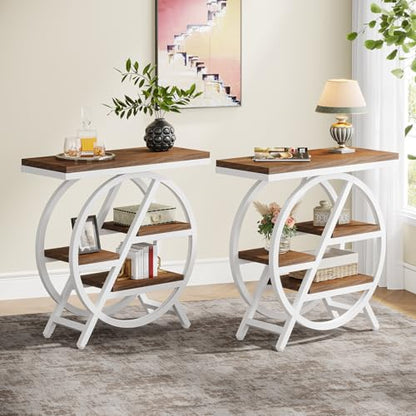 Tribesigns End Table Set of 2, 3-Tier Modern Narrow Side Table with Storage, Wood Sofa Side Table with Geometric Metal Frame, Nightstand and Bedside Table for Bedroom (Light Brown+White) - color: Light Brown&white