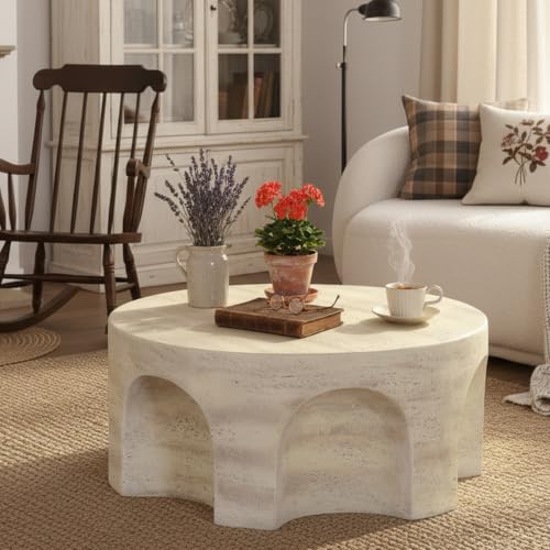 Round Marble Coffee Table 31.5" Faux Stone Coffee Table for Living Room, Modern Travertine Center Table, Magnesium Oxide, No Assembly, Beige - color: Faux Stone-arched Deco-beige