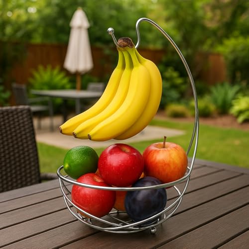 BNYD Chrome Fruit Bowl with Banana Holder – 14" Countertop Wire Basket with Banana Hook, Modern Fruit Basket with Banana Tree Hanger for Kitchen Table or Island Storage