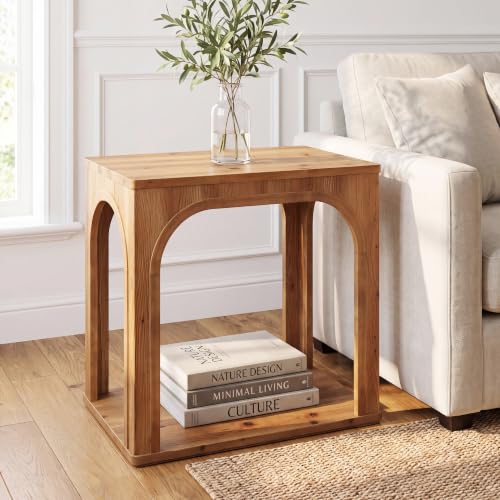 Tribesigns Arched Side Table, 2-Tier Farmhouse Solid Wood End Table with Bottom Shelf, Wooden Night Stand for Living Room, Bedroom, Rustic Brown