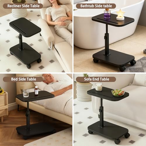 Adjustable Height TV Tray Table with Wheels, C Shaped End Side Table & Phone Tablet Slot, Swivel Snack Stand for Couch, Sofa, Bed,Living Room, Laptop Use in Small Spaces (Black) - color: Black