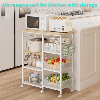 HapiRm Rolling Kitchen Carts with Storage - Microwave Table Stand with 6 Hooks & 3 Baskets, kitchen Island Cart on Lockable Wheels, 28.3" L × 14.6" W Bakers Rack Cart for Dining Room Coffee Bar Office - color: White