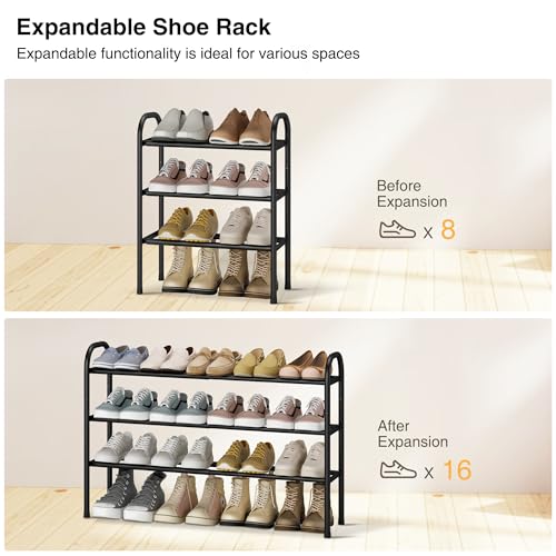STO STO Expandable Shoe Rack, 3-Tier Metal Small Shoe Rack for Closet, Up to 16 Pairs Adjustable Shoes Racks Storage for Front Door Entrance, Free Standing Shoes Rack Organizer for Entryway, Black - size: 3-Tier