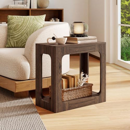 Giantex Narrow End Side Table - 2-Tier Farmhouse Night Stand w/Open Storage Shelf, Arch Design, Accent Bedside Nightstand for Bedroom Entryway Small Spaces, Wood End Tables Living Room, Brown - color: Brown
