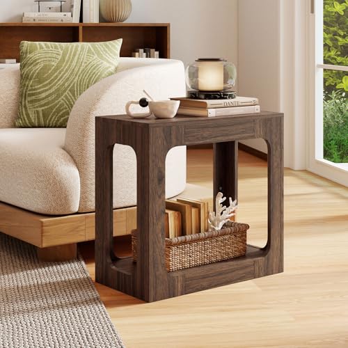 Giantex Narrow End Side Table - 2-Tier Farmhouse Night Stand w/Open Storage Shelf, Arch Design, Accent Bedside Nightstand for Bedroom Entryway Small Spaces, Wood End Tables Living Room, Brown - color: Brown