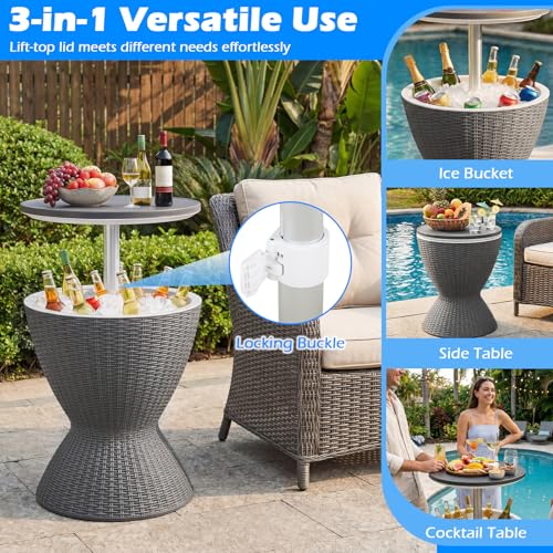 Tangkula Outdoor Cooler Table, Multi-Functional Cooler Bar Table, Adjustable Height Ice Cooler Side Table w/Drain Plug, 8 Gallon Beer & Wine Cooler, Rattan Style Patio Furniture for Pool Parties - color: Grey